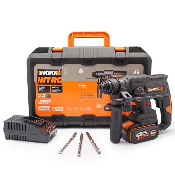 WORX Brushless 20V WX381 Cordless Drill, 2J, 3 in 1, Drilling, Percussion, Chisel in All Materials, Anti-Vibration, Comes with 1 x 4Ah Battery, Charger and Accessories