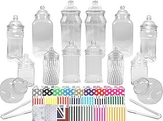 14 Plastic Sweet Jars, 7 Styles, 2 Tongs and 50 Bags. Ideal for Party, Wedding, Sweet Table, Candy Buffet (Rainbow Polka Dot Mix)