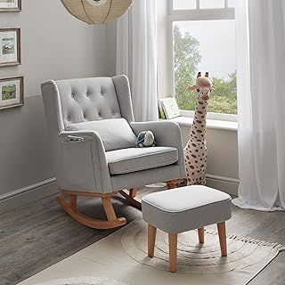 Pure Comfort Lux Nursing Chair with Footstool - Gentle Rocking Chair, Convertible Wing Chair having Storage Pockets with Chic Fabric & High-Density Padding Included Lumbar Cushion (Grey)