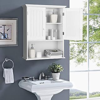 COSTWAY Bathroom Wall Cabinet, Wooden Storage Cupboard with Double Door, Adjustable Shelf and Compartment, Wall Mounted Medicine Cabinet for Living Room Kitchen Hallway (White, with Wooden Handles)