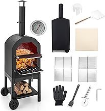 TANGZON Outdoor Pizza Oven, Wood-fired Pizza Maker with Waterproof Cover, Built-in Thermometer, Ash Collection Drawer & Shovel, Patio Cooking Grill for Camping Backyard BBQ, Black