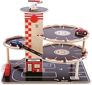 Sustainable Wood Toy Car, Toys For Kids, Hape “Park And Go” Garage Set With 4 Levels, 1 Lift, 2 Toy Cars, 1 Toy Helicopter. 3 years +