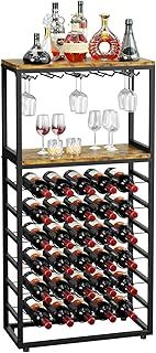 YOLEO 30 Bottles Floor Wine Rack with 2 Tier Wooden Shelves, 6-Tier Freestanding Wine Bottle Organizer Shelf for Liquor and Glasses, Sturdy Metal Bottle Display Holder for Kitchen Pantry