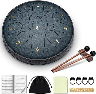 CAHAYA Steel Tongue Drum 11Notes: 6 Inch D KeySteel Hand Drum with Music Book, Drum Mallets, Finger picks and Carry Bag Dark Blue CY00373-1