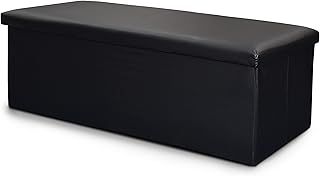 Large Ottoman Storage Box Folding Seat, Storage Stool Faux Leather Toy Chest Practical Bench Blanket Box (Black, 76x38cms)