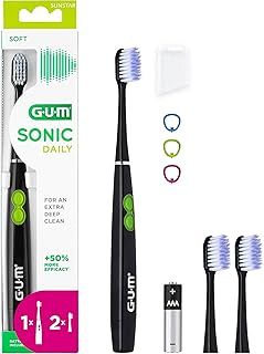 GUM Sonic Daily Battery Operated Electric Sonic Toothbrush | Particularly Suitable for on The go| for Gentle and Thorough Cleaning| 1x Toothbrush, 2X Spare Brush Heads, 1x Battery (Black)