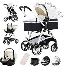 Gcarebb Leather 3 in 1 Pram, City Strollers with Car Seat, Portable One-Click Folding Walking Stick Stroller, High Aluminium Frame Landscape Combined Strollers for 0-4 Years