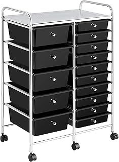 Yaheetech 15 Drawers Plastic Storage Cart, Multipurpose Mobile Organizer Unit with 4 Lockable Wheels, Utility Rolling Trolley for Home Office School Salon & Beauty, Black