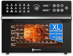 BridgePro 30L Digital Air Fryer Oven With Rotisserie Full Accessory Set - XL Family Sized 18 in 1 Dual Cook Smart Dial 360° Hot Air Circulation Time & Temp Controlled Fast Cooking 1800W
