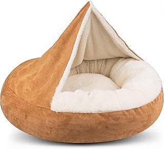 MICOOYO Hooded Dog Bed Large， Cozy Donut Dog Blanket Bed for Doggie, Claming Pet Caved Bed for Cats Puppies (Large, Wheat)