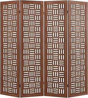 COSTWAY 4/6 Panel Folding Room Divider, Solid Paulownia Wood Wall Privacy Screen Protector, Freestanding Carved Paravent Partition Separator for Living Room Bedroom Office (4 Panel-160 x 165cm)
