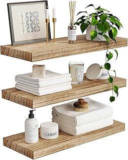 Junw 3 Pack Floating Shelves for Wall, Nature Wood Wall Shelf, 41cm Rustic Farmhouse Wooden Shelves for Kitchen, Living Room, Bedroom, Bathroom Storage