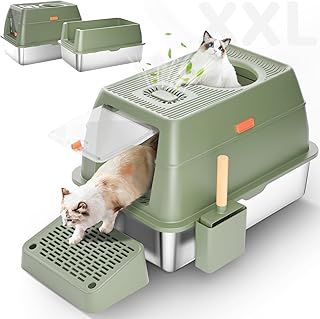 Stainless Steel Cat Litter Tray with Lid, XXL Enclosed Cat Litter Box with High Sided for Big Cats, with Removable Lid &Scoop - Green