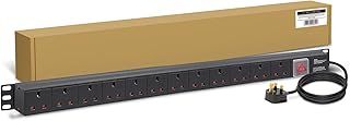 Extension Lead - 12 Way Switched Power Distribution Unit (PDU) for Data Cabinet, Server Rack, Office - 1.8m Vertical Extension Cable with UK Plug & Surge Protection for Cable Management