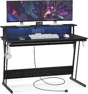 VASAGLE Gaming Desk with LED Lights and Built-In Power Outlets, Computer Desk with Monitor Shelf, Gaming Table for 2 Monitors, Office Desk, for Bedroom, 60 x 120 x 76 cm, Ebony Black LWD292B56