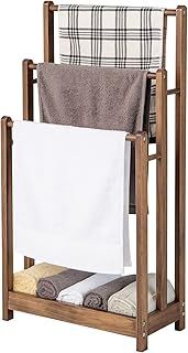 COSTWAY Freestanding Towel Rack, Solid Wood Towel Holder Drying Stand with 3 Towel Rails and Storage Shelf, Bathroom Accessory Organizer for Bath & Hand Towels, 45x22x86cm (Pine Wood, Rustic Brown)