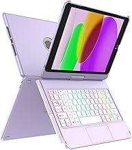MMK 9th Generation Case with Keyboard 10.2 inch 2021, Multi-touch Trackpad & 7 Color Backlight & 360°Flip Hard-shell, Slim Keyboard Case with Pencil Holder, for 9th/8th/7th Gen, Purple