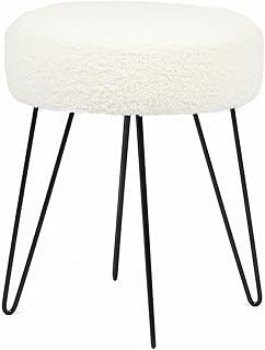 OHS Teddy Fleece Stool Hairpin Boucle Leg Foot Stool Rest Bedroom Upholstered Vanity Dressing Table Chair Round Pouffe - White