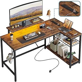 Bestier L Shaped Desk with Power Outlets & LED Lights - Reversible Corner Desk with Shelves - Larger PC Workstation with Hooks for Home Office & Studying