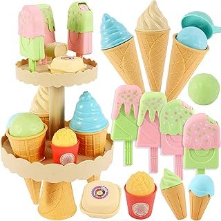 Kids Ice Cream Toys Play Set for Kid, Plastic Toy Play Food Sets for Children Kitchen Toddler Ice Cream Shop Accessories Gifts for 3 4 5 Years Old Kids Boys Girls