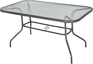 Outsunny Garden Dining Table Glass Top Metal Frame with Parasol Hole Outdoor Balcony Grey 140L x 80Wcm