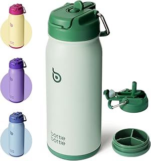 BOTTLE BOTTLE Stainless Steel Kids Water Bottle 16oz(470ml) Insulated Sports Water Bottle with Straw and Pills Holder for Gifts and School（Green）