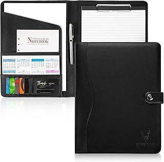AMKSONS Portfolio Folder a4 in Black with Clip Board and A4 Notepad - Premium PU Leather Clipboard Folder with Document Compartments, Document Holder, Pen Holder, Flip Cover and Magnetic Closure