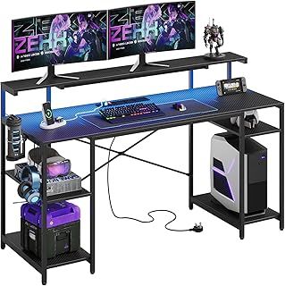 Bestier 140 CM Computer Desk with Power Outlets & LED Lights with Monitor Shelf Gaming Desk with Shelves Writing Desk with Storage Office Desk &Workstation for Home Office Bedroom