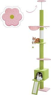 PAWZ Road Flower Cat Tree Floor to Ceiling with Height Adjustable 216cm to 273cm, Cat Tower with Spacious Activity Space, Hammock and Cat Condo, Anti-Fall Belt, 5 Tiers Green and Pink