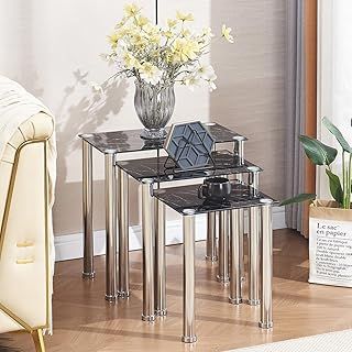 Generic Set of 3 Modern Black Marble Nesting Tables, Large: 53 x 30 x 50.5 cm, Medium: 43 x 30 x 45.5 cm, Small: 33 x 30 x 40.5 cm, Living Room, Bedroom, Office