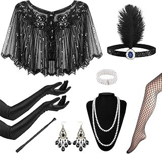 1920s Flapper Great Gatsby Accessories Set,Roaring 20's Theme Set with Shawl Headband Long Gloves Necklace Earrings Handheld Prop,1920s Flapper Costume Vintage Accessories for Women Ladies