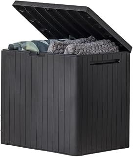 Keter City 30 Gallon Resin Outdoor Storage Box and Patio Furniture Side Table for Pool and Garden Accessories, Dark Grey
