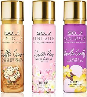 So…? Unique Womens Candy Kiss Bundle Truffle Cream, Sweet Pea, Vanilla Candy Body Mist Spray Mixed Fragrance Bundle 150ml (Pack of 3)