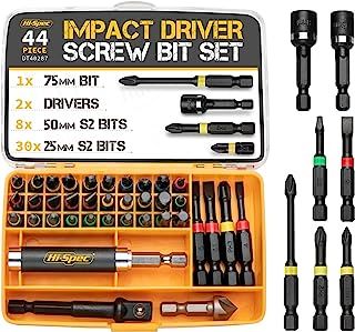 Hi-Spec 44pc Impact Drill Driver Screw Bit Set with Popular PZ & PH Sizes. 1/4 Hex S2 Screwdriver Bits with Nut and Socket Drivers.
