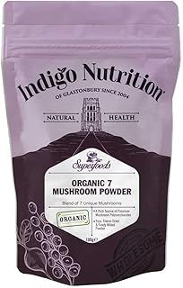 Indigo Herbs Organic 7 Mushroom Powder Blend 100g | Blend of 7 Adaptogenic Mushrooms| Vegan | No Additives & GMO Free| Lion's Mane, Reishi, Cordyceps, Maitake, Chaga, Shiitake, White Fungus