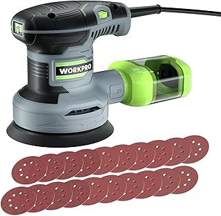 WORKPRO Orbital Sander - 300W 125mm Random Orbit Sander with 6 Variable Speeds, Dust Collection Box for Sanding and Polishing