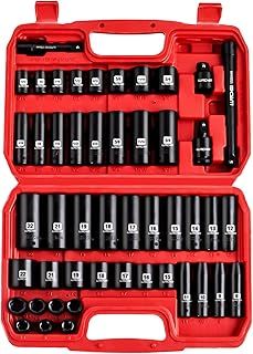 LLNDEI 3/8-Inch Impact Socket Set SAE and Metric (5/16"- 3/4", 8-22mm) 48pcs, CR-V Steel, 6 Point Sockets, Extension Bar (3-in, 6-in), 1/2" F to 3/8" M Reducer, 3/8" Universal Joint
