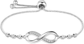 Double Heart 925 Sterling Silver White Gold Plated Bracelet Cubic Zirconia Paved Adjustable Infinity Bracelets,Anniversary Birthday Jewellery Gift for Women