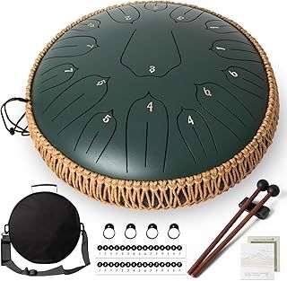 Rain Drum for Garden, 13 Inch 15 Notes Steel Tongue Drum D Major, Handpan Drum with Music Book, Drumsticks and Carry Bag, Percussion Instrument for Musical Education Meditation Yoga, Green