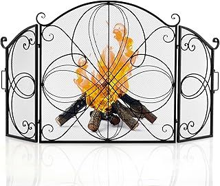 COSTWAY 3 Panel Folding Fire Guard, 151 x 83cm Large Fireplace Screen Fence with Handle, Floral Pattern & Flexible Hinges, Wrought Iron Mesh Spark Fire Panels for Wood and Coal Firing Stoves Grills