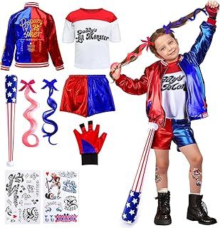 HK Kids Cos Quinn Costumes for Girls- Villain Halloween Fancy Dress Outfits Set Carnival Cosplay Costume Kit Include Jacket, T-Shirt, Shorts, Gloves, Wig, Tattoo, Baseball Bat for Theme Party Children
