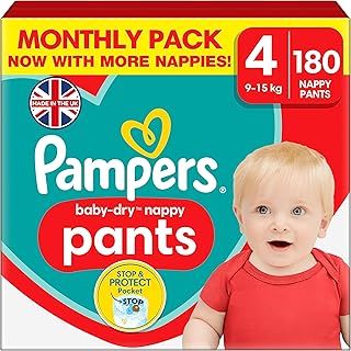 Pampers Baby-Dry Nappy Pants Size 4, 180 Nappies, 9kg-15kg, Monthly Pack, 360° Fit To Help Prevent Gaps And Leaks