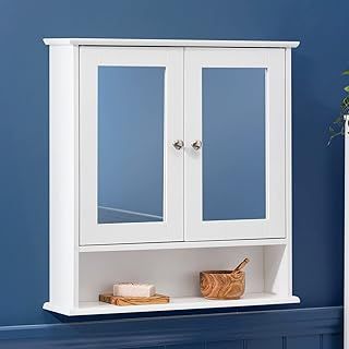 CHRISTOW White Double Mirror Wall Mounted Cabinet, Wooden Bathroom Storage Furniture, 2 Door Cupboard Unit With Shelf