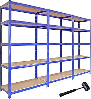 T-Rax Pack of 3 Garage Shelving Units 5 Tier Heavy Duty Rack for Storage Steel Utility Shelves Metal & MDF Boltless Racking Assembly System 180cm x 90cm x 45cm 4200KG Capacity 280KG Per Shelf Blue
