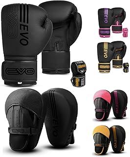 Matte Black Boxing Gloves and Pads Set Punching Focus Mitts Hook and Jab Hand Target Strike Shield Training Sparring MMA Martial Arts Muay Thai Kickboxing Karate Men Women