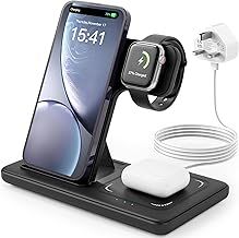 Wireless Charger, 3 in 1 Charging Station, 15W Qi Fast Foldable Magnetic Stand Dock for iPhone 15 14 13 12 11 Pro Max XS XR X 8 Plus, Apple Watch 9 8 7 6 5 4 3 2 SE, AirPods 3 2 Pro(With Adapter)