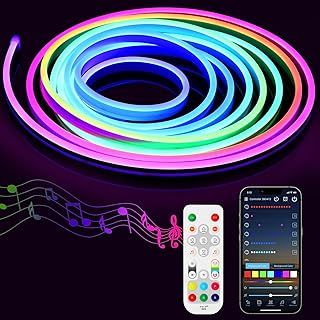 RGB+IC Neon Light Strip 5m, Neon Strip Lights with Remote, App Control, Multiple Color Changing Rope Lights, Music Sync,DC24V, Smart RGB LED Strip for Bedroom, Gaming, Outdoor Décor
