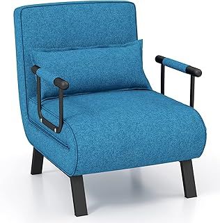 COSTWAY Folding Sofa Bed, 4-in-1 Convertible Single Sofa Chair Bed with 6-Position Adjustable Backrest and Pillow, Padded Seat Lounge Couch Guest Sleeper Recliner Armchair for Living Room (Blue)
