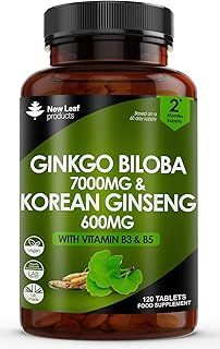 Ginkgo Biloba and Korean Ginseng Tablets - 7000mg Ginkgo Biloba Herbal Supplements & 600mg Panax Ginseng High Strength Ginseng Extract - Enriched with Vitamin B3 & B5-120 Vegan Tablets