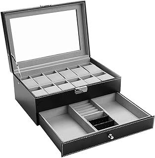 Watch Box-12 Slots Mens Watch Organizer Faux Leather Jewelry Display Pillow Case, Collection Box Storage, Lockable Watch Case Bracelet Tray with Glass Drawer for Storage and Display